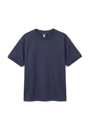 Marineblaues T-Shirt mit kurzen Ärmeln und Rundhalsausschnitt, kleines geprägt Logos "Antony Morato" auf der linken Brust, schlichtes Design, Baumwollstoff.