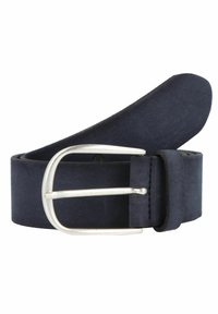 Marineblauer Ledergürtel mit glatter Textur, ausgestattet mit einer silbernen Metallschnalle und einem klassischen Dornverschluss. Saubere Kanten und minimale Designdetails.