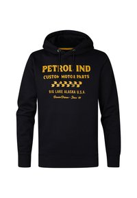 Zwarte hoodie van katoen, met een gele bedrukte logo en tekst aan de voorkant. Inclusief trekkoorden en ribgebreide manchetten en onderkant.
