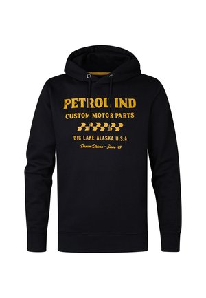 Felpa con cappuccio nera in cotone, con un logo e testo stampati gialli nella parte anteriore. Include i lacci e polsini e orlo a costine.