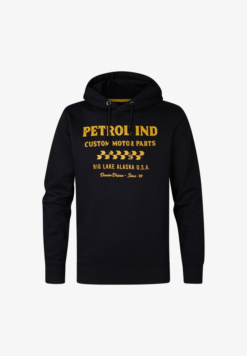 Felpa con cappuccio nera in cotone, con un logo e testo stampati gialli nella parte anteriore. Include i lacci e polsini e orlo a costine.