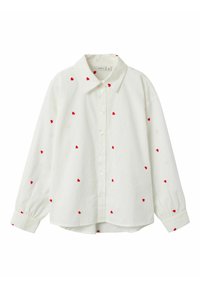 Camicia bianca a maniche lunghe con ricamo a forma di cuore rosso, chiusura a bottoni, colletto classico e polsini con bottone. Tessuto leggero con una vestibilità morbida.