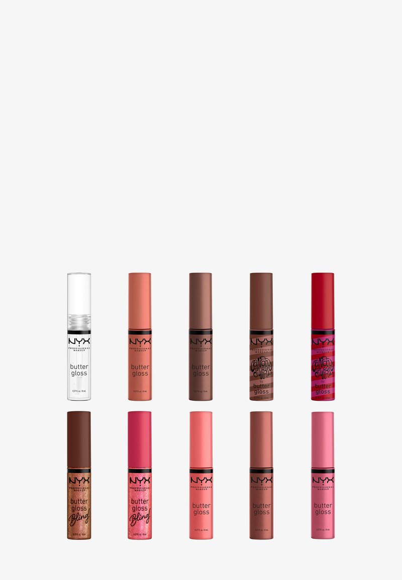 NYX Butter Gloss-collectie met 10 lipgloss-tubes in verschillende kleuren: transparant, roze, mauve, bruin en een sprankelend goud. Elk heeft een slank ontwerp.