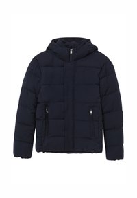 Giacca imbottita blu navy con cappuccio, dotata di chiusura frontale con zip e due tasche laterali. Texture liscia con dettagli cuciti.