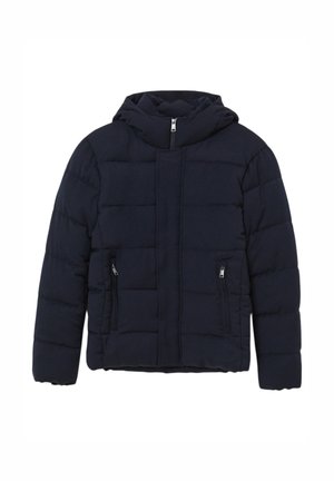 Giacca imbottita blu navy con cappuccio, dotata di chiusura frontale con zip e due tasche laterali. Texture liscia con dettagli cuciti.