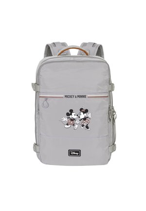 Gray fabric backpack featuring a design of Mickey and Minnie. Includes pink accents, a front zipper pocket, and adjustable straps.