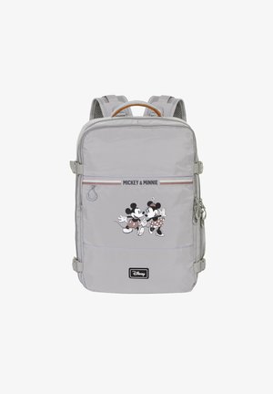 Gray fabric backpack featuring a design of Mickey and Minnie. Includes pink accents, a front zipper pocket, and adjustable straps.