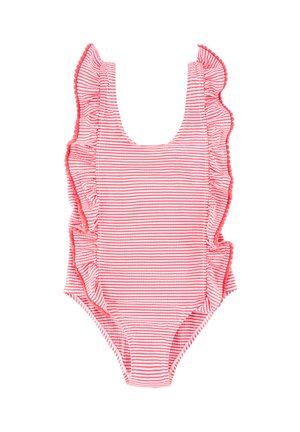 Bañador de una pieza para niñas con rayas horizontales rosas y blancas y ribete con volantes a lo largo de los hombros y los costados.