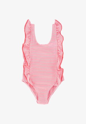 Bañador de una pieza para niñas con rayas horizontales rosas y blancas y ribete con volantes a lo largo de los hombros y los costados.
