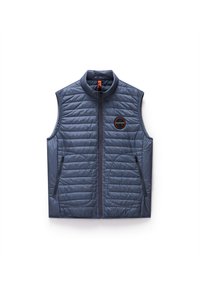 Padded sleeveless vest in dark blue with a high collar, front zipper, and two zippered side pockets. Features a circular logo.