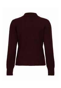 Maglione borgogna lavorato a maglia con colletto, maniche lunghe e orlo a coste. Texture liscia e silhouette aderente, visto da dietro.