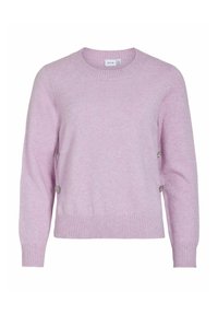 Jasnoróżowy sweter dzianinowy z okrągłym dekoltem, ściągaczami na mankietach i u dołu. Posiada dekoracyjne guziki po bokach jako dodatkowy detal.