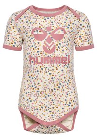 Kortärmad babybody i krämfärg med färgglad prickmönstring. Den har rosa detaljer och en framträdande "hummel"-logotyp på framsidan.