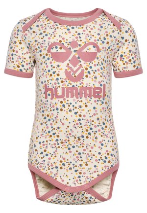 Bodysuit dla niemowląt z krótkim rękawem w kremowym kolorze z kolorowym, plamkowanym wzorem. Posiada różowe wykończenie oraz wyraźne logo "hummel" z przodu.