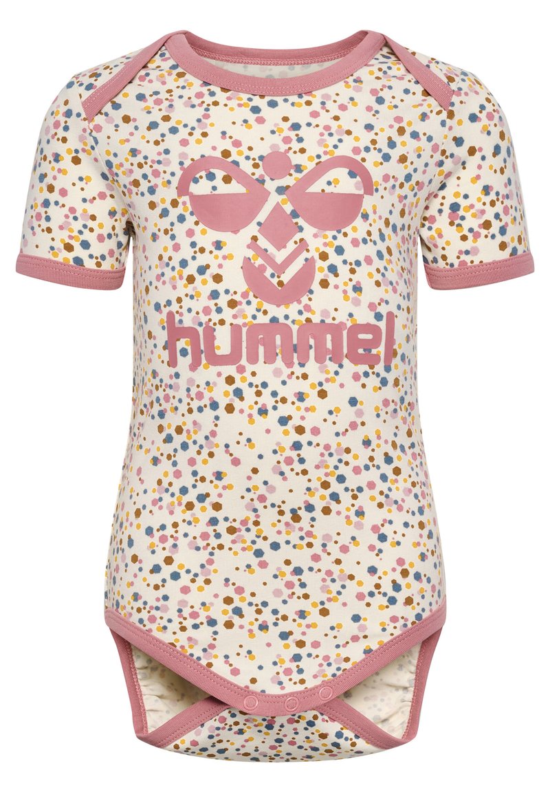 Kortärmad babybody i krämfärg med färgglad prickmönstring. Den har rosa detaljer och en framträdande "hummel"-logotyp på framsidan.