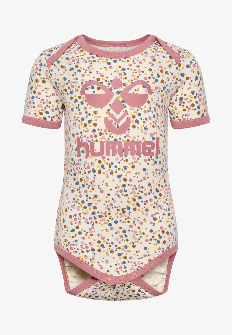 Kortärmad babybody i krämfärg med färgglad prickmönstring. Den har rosa detaljer och en framträdande "hummel"-logotyp på framsidan.