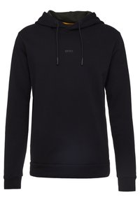 Sudadera negra de manga larga con cordones y sutil logo "BOSS" centrado en el pecho.