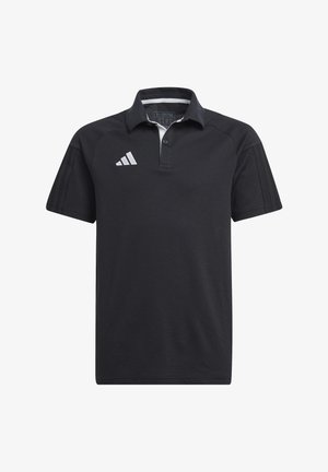 Zwarte polo gemaakt van ademend materiaal, met een kraag en een knoopsluiting met drie knopen. Opvallend wit Adidas-logo op de linkerborst.