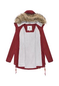 Czerwona kurtka zewnętrzna z kapturem z sztucznego futra i miękką, szaro-frotte podszewką. Posiada zamki błyskawiczne i sznurki do regulacji.