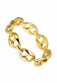 Pulsera de eslabones en tono dorado con un diseño liso y redondeado. Cada eslabón presenta recortes que añaden textura y detalle, mostrando un acabado pulido.