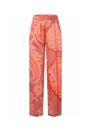 Wijde broek met een elastische tailleband, uitgevoerd in een koraalroze bloemenpaisley-patroon.