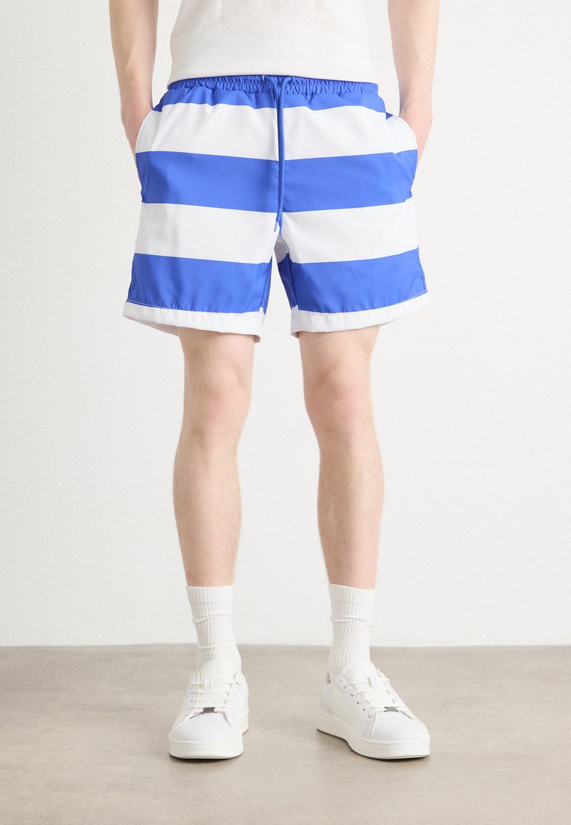 Blue and white striped swim shorts with an elastic waistband and drawstring, featuring side pockets and a folded hem.