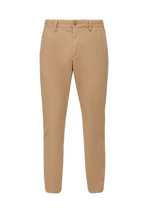 Pantaloni chino beige con design a gamba dritta. Realizzati in tessuto di cotone testurizzato, dotati di passanti per cintura e chiusura con un solo bottone.