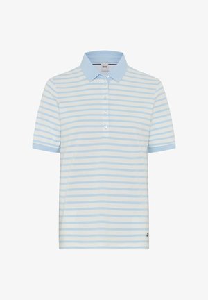 Lichtblauw en wit gestreept poloshirt met korte mouwen, een lichtblauwe kraag en een knoopsluiting met vier knopen.