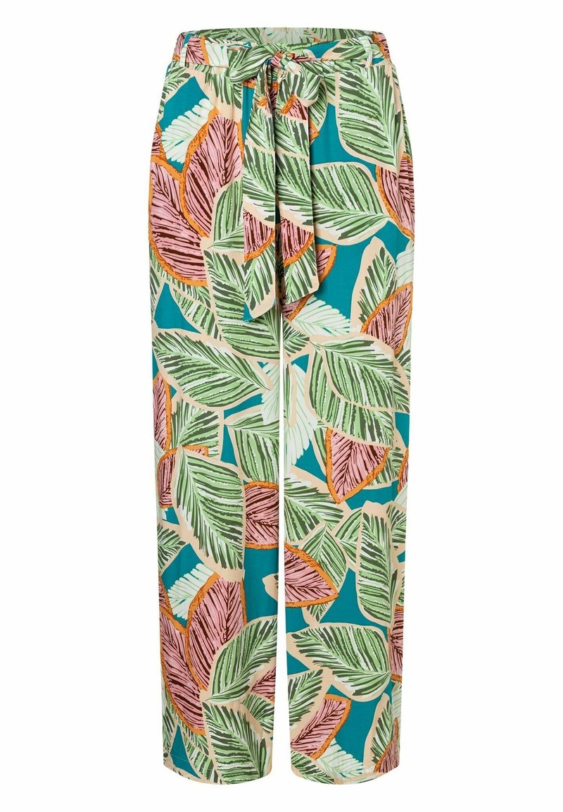 Pantalons larges arborant un motif de feuilles tropicales en vert, rose et orange sur un fond bleu-vert. Fabriqués dans un tissu léger avec une taille à nouer.