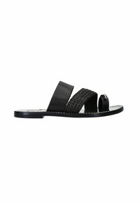 Black slide sandals featuring two wide straps—one smooth leather and one woven texture—open toe design, and a flat sole with a small accent.