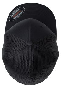 Sort kasket med en struktureret front, mesh-bag og buet skygge. Funktioner inkluderer syninger og et logo-patch på indersiden.