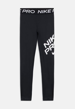 Leggings de sport noirs à coupe ajustée, avec une large ceinture portant l'inscription « NIKE PRO » en blanc et un logo sur la jambe gauche.