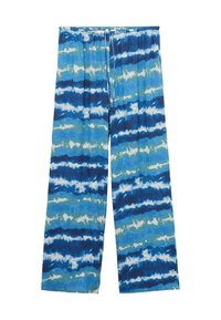 Pantaloni cu model tie-dye albastru, cu croială largă, talie elastică și cordon de strângere. Prezintă nuanțe variate de albastru și verde, într-un design ondulat.