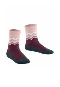 Kniestrümpfe mit einem rosa gerippten Bündchen, Zickzackmuster in mauve und blauen Tönen sowie einer dunkelgrauen Ferse und Spitze. Weiches Strickmaterial.