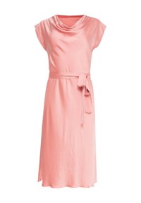 Rosa, knielanges Kleid aus leichtem Stoff mit einem Schalkragen, kurzen Ärmeln und einem gebundenen Gürtel in der Taille.