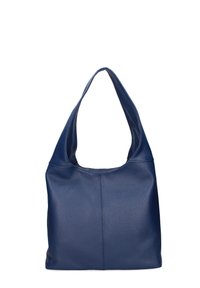 Borsa hobo in pelle di colore blu navy con una texture liscia, ampia tracolla e dettagli delle cuciture sottili sul davanti.