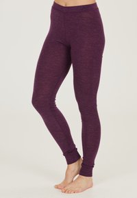 Lila leggings tillverkade av en lätt, texturerad tyg med en åtsittande design, smalnande ben och en sömlös midjeband.