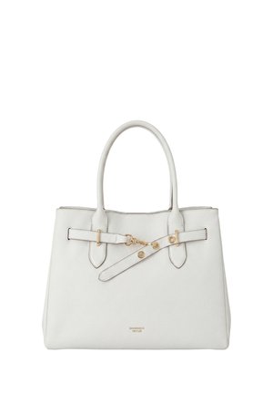 Borsa a mano in pelle bianca con due manici, fibbia e dettaglio della chiusura in tono oro sul davanti, e piccolo logo del marchio dorato al centro in basso.