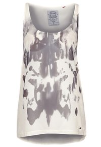 Débardeur sans manches en tissu léger avec un motif abstrait gris et blanc, doté d'un col rond et d'un ourlet arrondi.