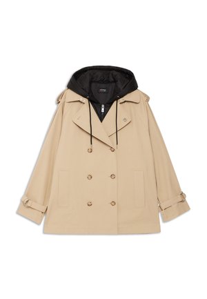 Beige Trenchcoat mit Kapuze in Schwarz, taillierte Doppelreiher-Optik, Druckknöpfe, Seitentaschen und verstellbare Manschetten. Glatte Stoffoberfläche.
