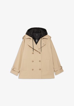 Beige Trenchcoat mit Kapuze in Schwarz, taillierte Doppelreiher-Optik, Druckknöpfe, Seitentaschen und verstellbare Manschetten. Glatte Stoffoberfläche.