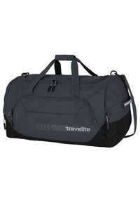 Sac de sport gris avec une finition texturée, accents noirs, doubles poignées supérieures, une bandoulière réglable et un détail logo à l'avant.