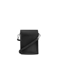Schwarze Leder-Crossbody-Tasche mit strukturierter Form, Vordertasche und verstellbarem Trageriemen. Verfügt über eine strukturierte Oberfläche und silberfarbene Hardware-Details.