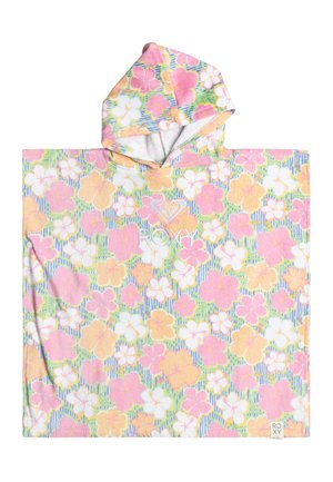 Serviette à capuche en tissu doux et pelucheux. Motif floral multicolore avec du rose, du jaune et du vert. Présente un logo Roxy et une coupe généreuse.