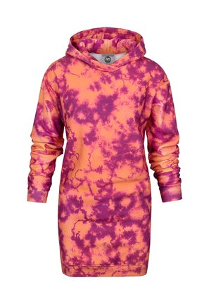 Hooded sweatshirt dress in orange with purple tie-dye pattern. Long sleeves with cuffs, soft fabric, and a kangaroo pocket.