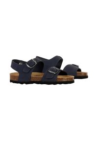 Sandali blu navy con due fibbie regolabili, suola in sughero e una suola in gomma nera texturizzata. Design aperto all'estremità con cinturino sul tallone.