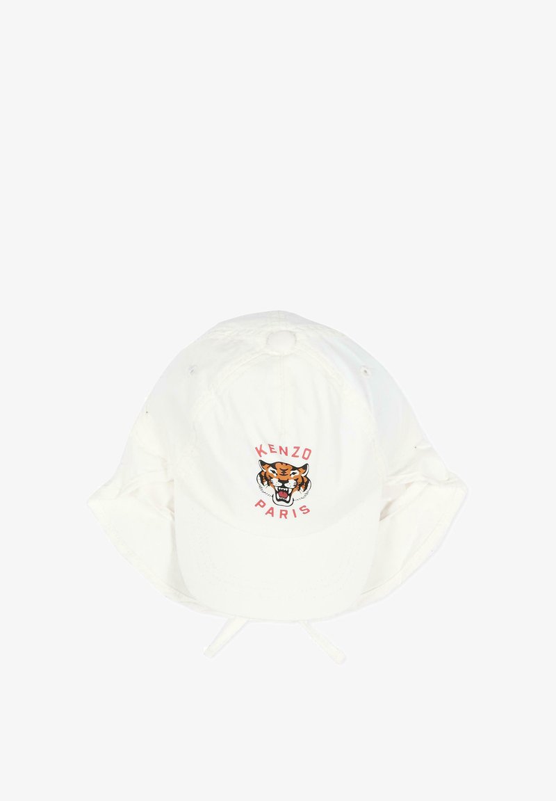 Casquette blanche Kenzo Paris ornée d'un visage de tigre rugissant brodé et de liens ajustables à l'arrière.