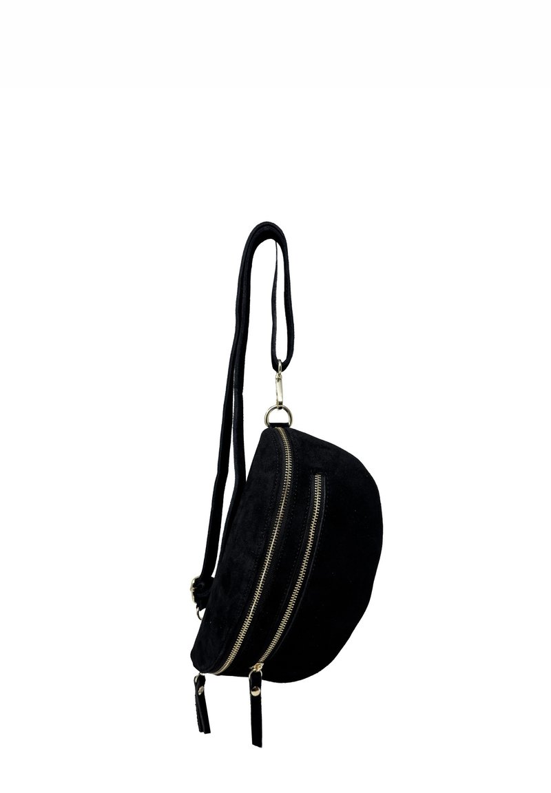 Borsa a tracolla in suede nero con forma arrotondata, due chiusure lampo dorate e una tracolla lunga. Superficie strutturata con dettagli a nappina.