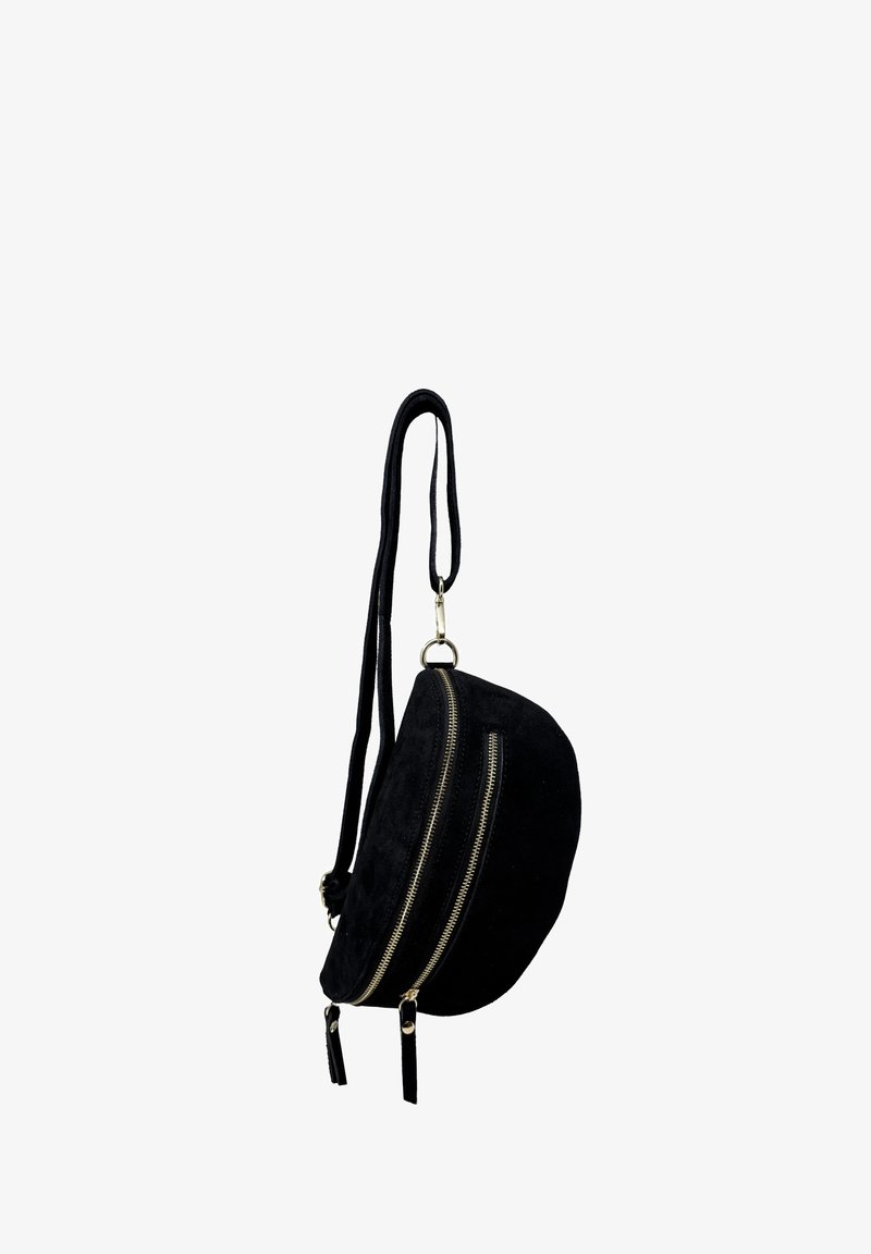 Borsa a tracolla in suede nero con forma arrotondata, due chiusure lampo dorate e una tracolla lunga. Superficie strutturata con dettagli a nappina.