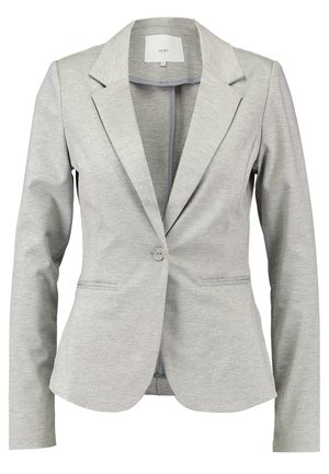 Helles graues Blazer aus dehnbarem Stoff mit Reverskragen, einreihigem Knopfverschluss und zwei vorderen Taschen mit subtilen Stickdetails.